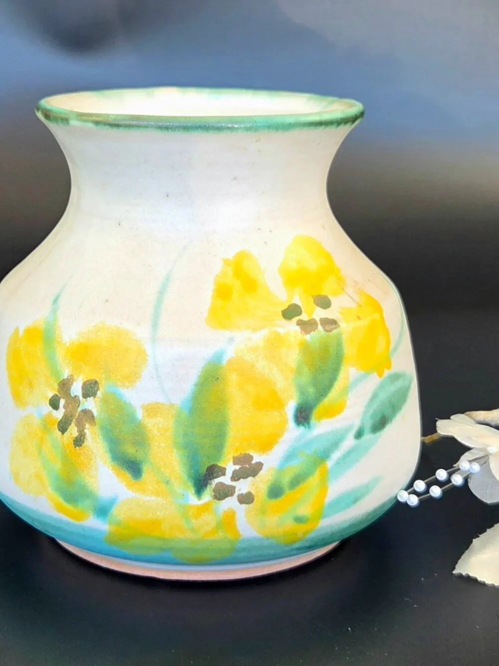 Vintage B. Welsh Stoneware Pottery Vase – 1971 – Signed – Floral Design